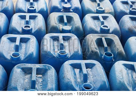 close up group of pastic chemical waste container