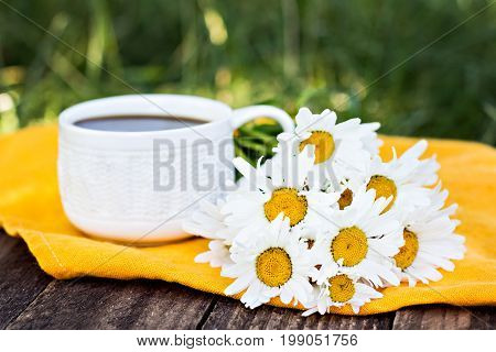 Espresso Coffee And Summer Flowers.