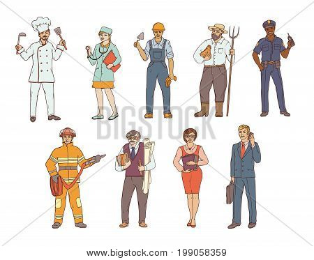 People of various professions in overalls and with tools in hand. Vector colored sketch of a realistic illustration. Women and men working in different sectors of production and services