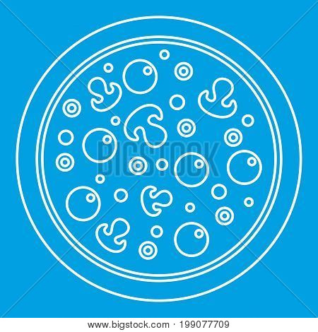 Pizza with olives and mushrooms and egg yolks icon blue outline style isolated vector illustration. Thin line sign