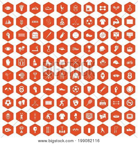 100 athlete icons set in orange hexagon isolated vector illustration