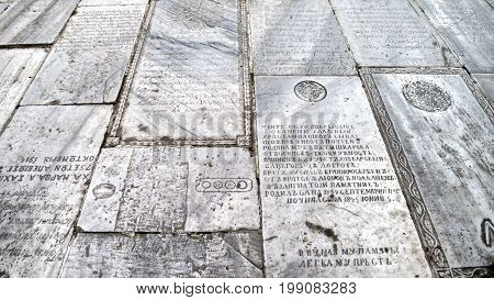 istanbul Turkey - April 5 2015: Tombstones used as tiles at the Monastery of the Mother of God Zeytinburnu Istanbul Turkey