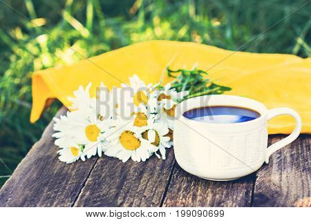 Espresso Coffee And Summer Flowers.