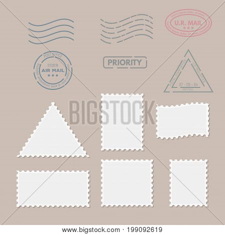 Postage stamps template. Blank rectangle square and triangle postage marks. Rubber wave stamps. Flat style modern vector illustration with retro colors. For for envelopes postcard or letter retro style paper.
