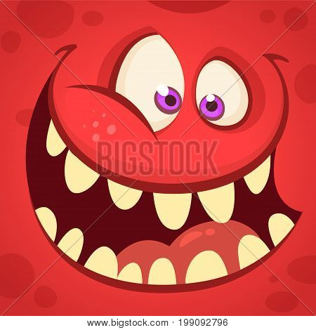 Cartoon monster face isolated . Vector Halloween happy monster square avatar. Funny monster mask