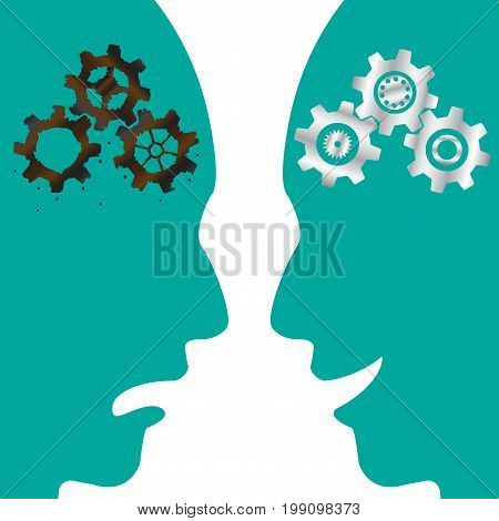 Business Concept As Cogwheel Brains (Rusty & New) Inside Silhouette Faces With Angry & Smile Expressions. It Means Obsolete Thinking Process Versus Innovative One.