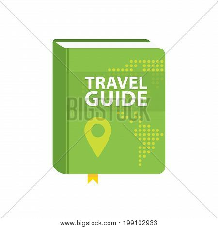 Travel Guide Book Icon. World Map And Pin In Cover. Flat Vector Illustration