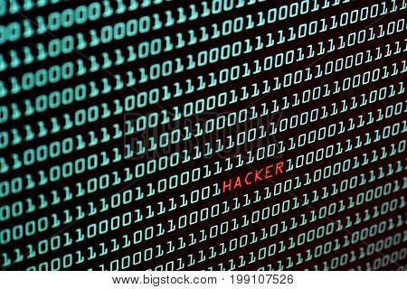 Hacker text and binary code concept from the desktop computer screen, selective focus, Security Technology concept