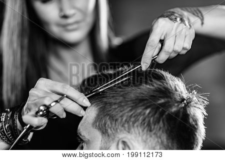 Hair Styling Man In Hair Salon, Blak And White Image, Close Up, Man And Woman