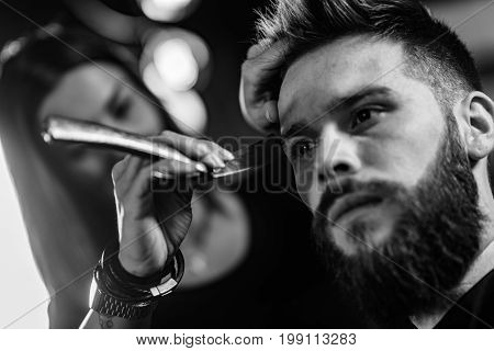Hair Styling Man In Hair Salon, Blak And White Image, Close Up, Man And Woman
