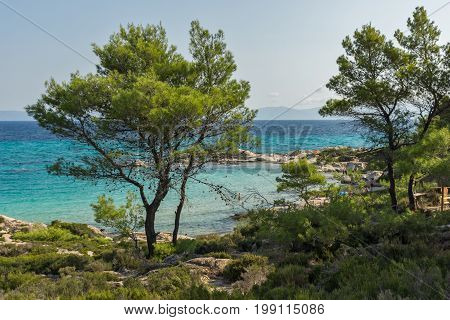 CHALKIDIKI, CENTRAL MACEDONIA, GREECE - AUGUST 26, 2014: Seascape of Orange Beach Kavourotripes at Sithonia peninsula, Chalkidiki, Central Macedonia, Greece