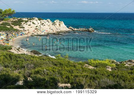 CHALKIDIKI, CENTRAL MACEDONIA, GREECE - AUGUST 26, 2014: Seascape of Orange Beach Kavourotripes at Sithonia peninsula, Chalkidiki, Central Macedonia, Greece
