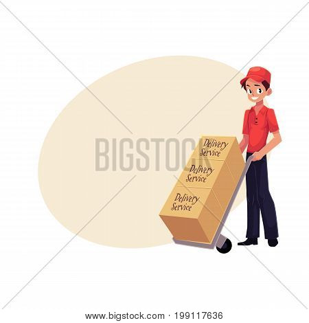 Courier, delivery service workerwith hand cart, dolly loaded with boxes, cartoon vector illustration with space for text. Full length portrait of delivery service man with hand cart, dolly
