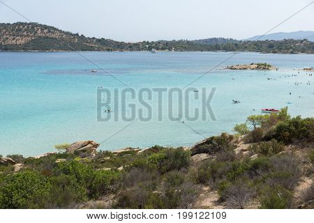 CHALKIDIKI, CENTRAL MACEDONIA, GREECE - AUGUST 26, 2014: Seascape of Lagonisi Beach at Sithonia peninsula, Chalkidiki, Central Macedonia, Greece