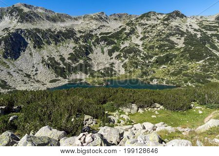Panoramic view of Banderitsa fish lake, Pirin Mountain, Bulgaria