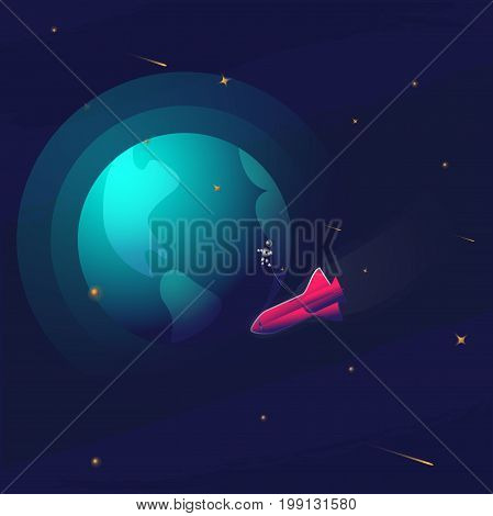 Space realistic vector background with astronaut rocket spaceship moon planets and stars. Space for your text. Technology abstract background vector illustration