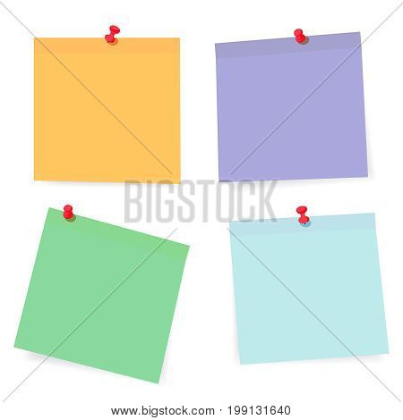 Set of color paper sheets with pins isolated on background. Vector illustration