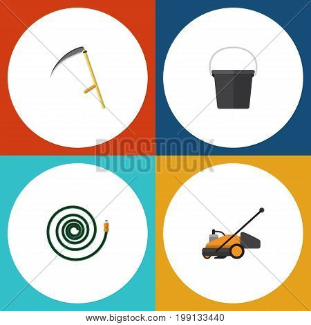 Flat Icon Farm Set Of Hosepipe, Pail, Lawn Mower And Other Vector Objects