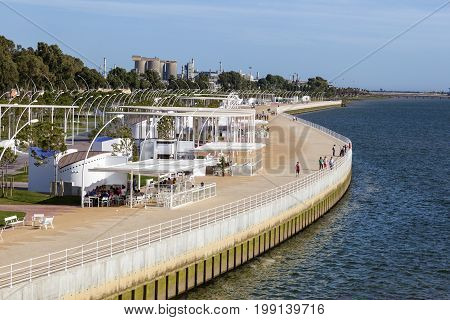 Huelva Spain - June 3 2017: Promenade at the Rio Tinto river in the city of Huelva. Andalusia Spain