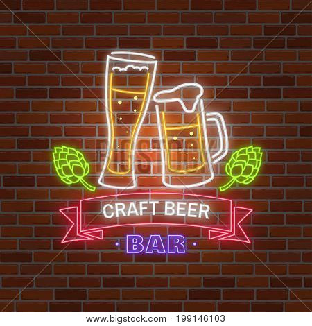 Retro neon Beer Bar sign on brick wall background. Vector illustration. Neon design for bar, pub or restaurant business. Craft beer.