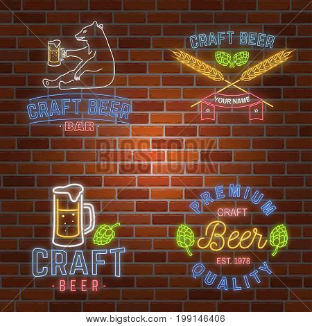 Set of neon signboard Craft Beer Bar with hops, barley and pint of beer on brick wall background. Vector illustration. Vintage design for bar, pub and restaurant business.