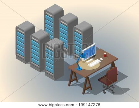 Software developer worcplace. Flat 3D vector isometric concept illustration. A table with a chair, a cup of coffee. table lamp. Sever room