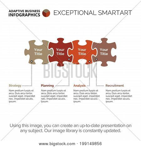 Mission vision values and strategy infographics. Presentation, puzzle diagram, chart. Concept for infographics, templates, reports. Can be used for topics like strategy, planning, working process