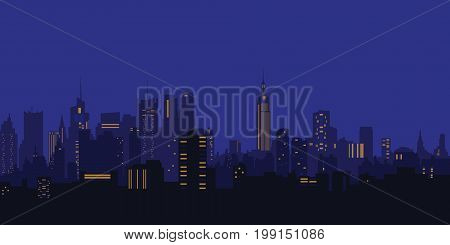 Vector illustration. Night city, houses high-rise buildings