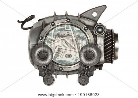 Steampunk style piggy bank. Mechanical animal photo compilation