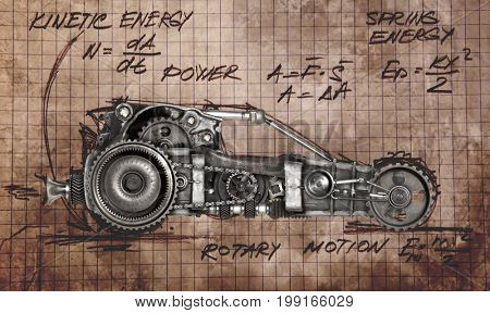Steampunk style futuristic car. Mechanical photo compilation