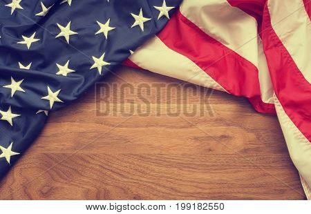 American flag border on American walnut wood with space for text Memorial day concept background