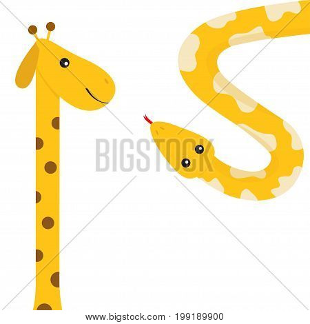 Giraffe with round spot. Long neck. Yellow python snake red tongue. Crawling serpent. Zoo animal friends. Cute cartoon funny card for kids. Isolated. White background Flat design. Vector illustration