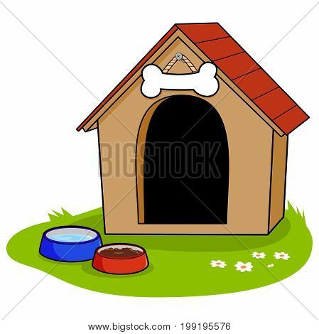A doghouse and bowls of water and dog food.