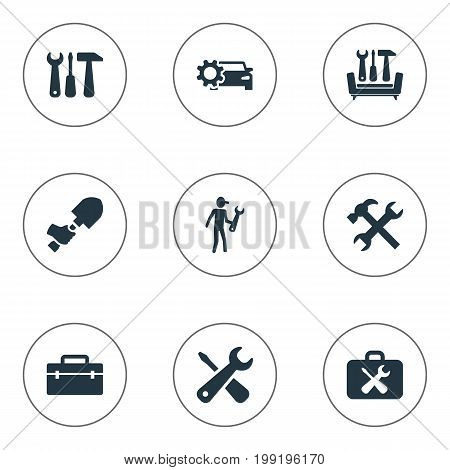 Elements Fixing, Repairing, Spade And Other Synonyms Workshop, Screwdriver And Hammer.  Vector Illustration Set Of Simple  Icons.