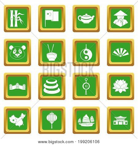 China travel symbols icons set in green color isolated vector illustration for web and any design