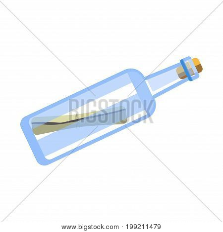 Note in shiny transparent glass bottle with cork isolated vector illustration on white background. SOS message from lost people in container from alcohol drink. Ancient way to ask for rescue.