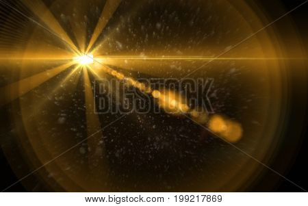 Abstract Lens Flare dusty with black background.Modern abstract beautiful rays light streak background.Gold sun light flare effect