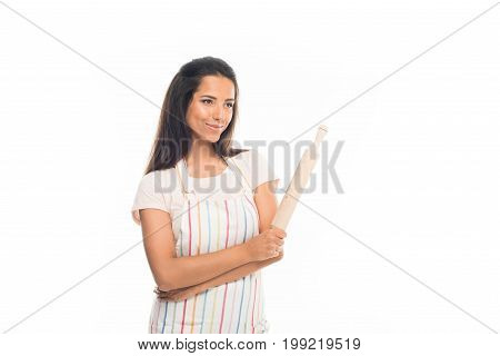 'young Housewife In Apron, Standing With Rolling Pin, Isolated On White