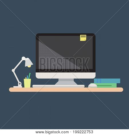 Office computer with mouse keyboard note paper lamp books on table. Flat modern Computer with keyboard on table vector
