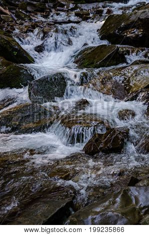 Landscape Of Waterfall Shypit In The Ukrainian Carpathian Mountains On The Long Exposure