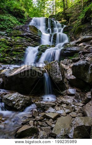 Landscape Of Waterfall Shypit In The Ukrainian Carpathian Mountains On The Long Exposure