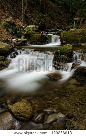 Landscape Of Waterfall Shypit In The Ukrainian Carpathian Mountains On The Long Exposure