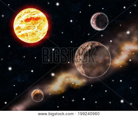 Sun and planets in deep space scene with glowing stars and nebula clouds illustration background universe galaxy celestial design