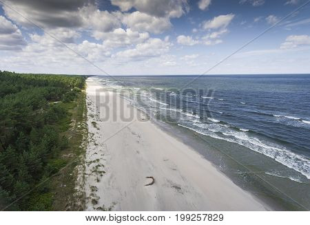 Aerial View Of Baltic Sea Shore And Forest Near Krynica Morska In Poland.