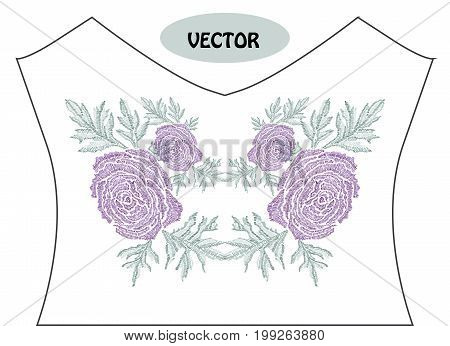 Decorative ranunculus flowers in embroidery style on t-shirt or dress neck line. Editable colors.Can be used for fashion decorations fabrics manufacturing. Embroidery decorative flowers
