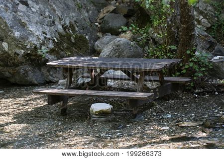 Picnic tabke in the forest. Ida Mountain, Turkey.