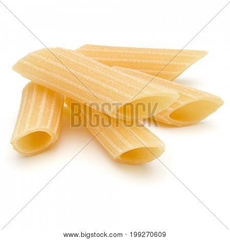 Italian pasta isolated on white background. Pennoni. Penne rigate.