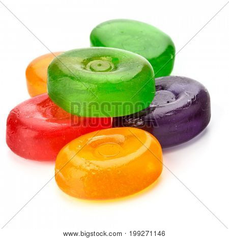 colorful fruit hard sugar candies,  boiled sweeties or sugar plums isolated on white background cutout