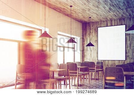 Cafe with a wooden wall and ceiling a vertical framed poster on a wall wooden tables with gray chairs. Corner people. A white and wooden bar stand. 3d rendering mock up toned image double exposure