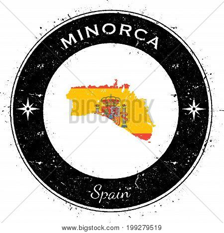 Minorca Circular Patriotic Badge. Grunge Rubber Stamp With Island Flag, Map And Name Written Along C